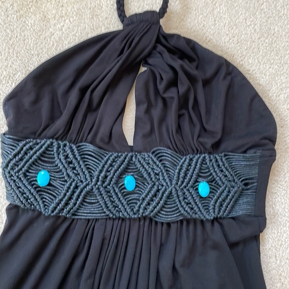 Sky Black Halter Dress with Turquoise Stone Embellishments - Picture 2 of 6